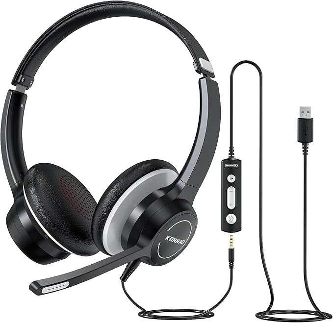 KONNAO USB Headset with Microphone, 3.5mm Wired Computer Headsets with Noise Cancelling Microphone, Stereo Headphones with MIC for PC, in Line Controls, Work Headset for Skype Zoom Tablet Laptop