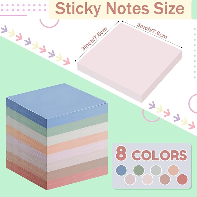 Fainne 120 Pack Sticky Notes Bulk 3 x 3 inch Self Stick Note Pads Multicolor Paper Memo for Office School Supplies Student Teacher Classroom Back to School Essentials, 50 Sheet/Pad(Pastel Color)