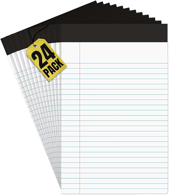 1InTheOffice Jr Legal Pads,Small Legal Notepads, 5" x 8", Narrow Ruled Note Pad, White, 50 Sheets/Pad, 24 Pads/Pack