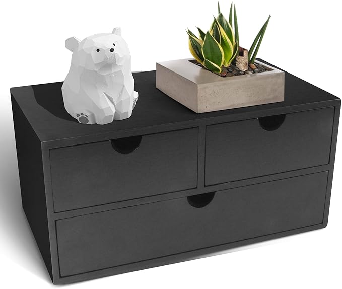 Bamboo Desk Organizer with 3 Drawers, Countertop Organizer with Drawers Makeup Storage Drawer 3 Drawer Tabletop Storage Organization Box Home Office Workspace（Black）