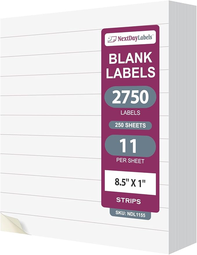 NextDayLabels – 8.5” x 1" Strip Sticker Labels for Printer - White Laser/Inkjet Printer Labels Return Address Labels Shipping Label Stickers (250 Sheets, 11 Per Sheet, 2750 Labels)