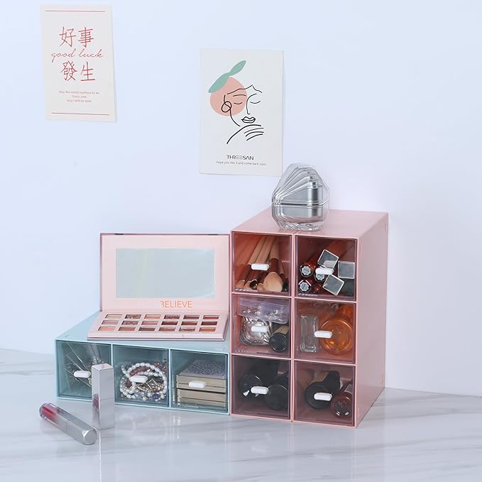 Desktop Drawers, Desk Organizer with 9 Drawers, Stackable Plastic Storage Box for Home Collection, Cosmetics, Office Supplies (3 Tall Layers, Pink)