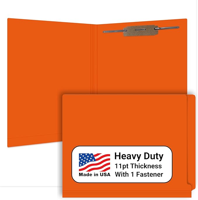 Orange File Folders, USA Made, Doctor Stuff, One 2" Bonded Fastener Top Right Position 1, Durable 11pt, Reinforced End Tab File Folders with Prong, Medical Chart/Patient Chart, 50/Box