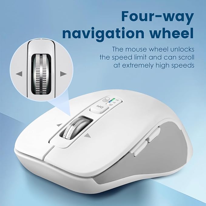 Wireless Bluetooth Mouse (USB + BT1 + BT2), Full Size, 4-Way Scrolling, Multi-Device Silent Mouse for Computer, Laptop, iPad, MacBook (White)