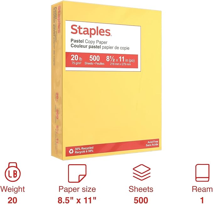 Staples 30% Recycled, 8.5 x 11 Inch, 20 lbs, 500-Sheets Pack, Canary