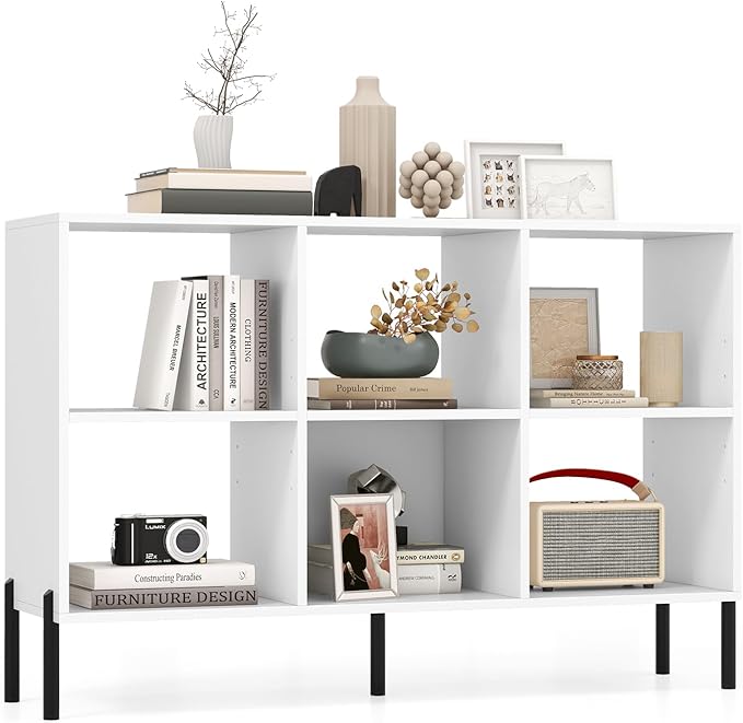 Giantex 6 Cube Bookcase, 3-Tier 47" Long Wood Bookshelf w/ 5 Metal Legs, Adjustable Shelf, Anti-toppling Device, 31.5" Tall Floor Open Shelf Bookcase, Freestanding Wooden Cube Storage Shelves