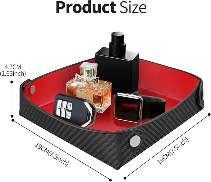 Leather Catchall Tray for Men, Valet Tray Organizer for Wallet, Keys, Accessories,Leather Carbon Fiber Desktop Storage Tray,Red