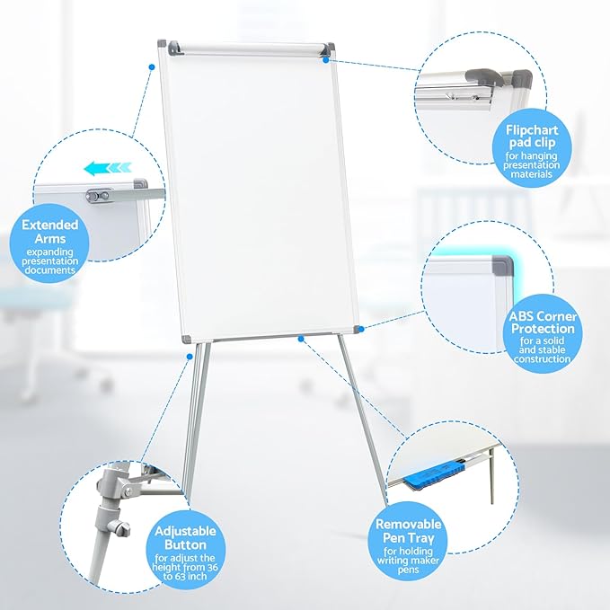 MAKELLO Flip Chart Easel, Magnetic Dry Erase Board with Stand for Office Classroom Home School, Extended Display Arms and Adjustable Height, 36x24 in
