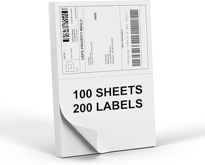 PAPRMA Half Sheet 8.5x5.5inch Shipping Mailing Label 200 Counts, 2 Labels Per Sheet 8.5 x 11 for Laser & Inkjet Printer, Permanent Adhesive Label Square Corner (100 Sheets)