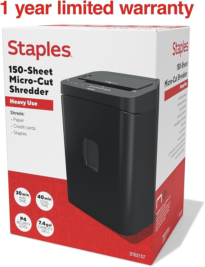Staples Paper Shredder, 150-Sheet Micro-Cut Autofeed, Anti-Jam, for Office & Home Use with 7.4 Gallon Pull-Out Bin, Black