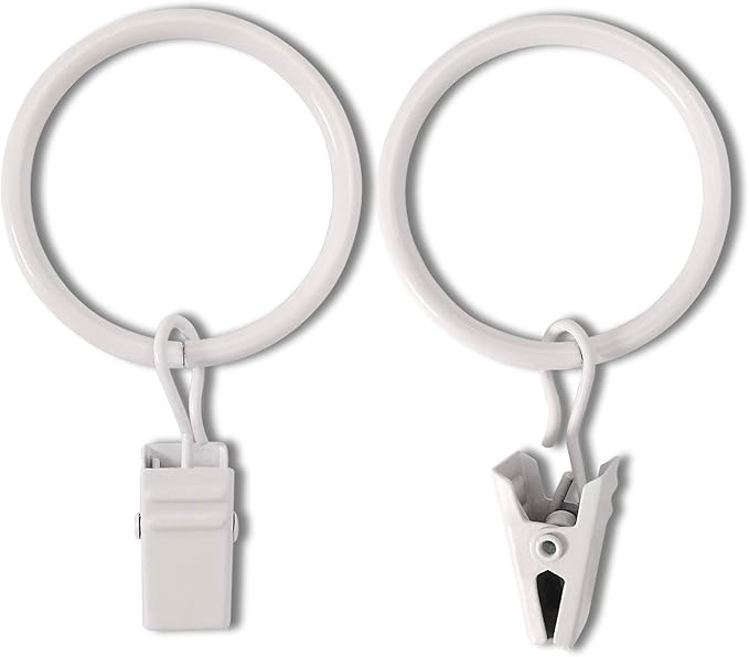 AMZSEVEN 100 Pack Curtain Rings with Clips, Drapery Clips with Rings, Drapes Rings 1.26 in Interior Diameter, Fits up to 1 Inch Curtain Rod, White