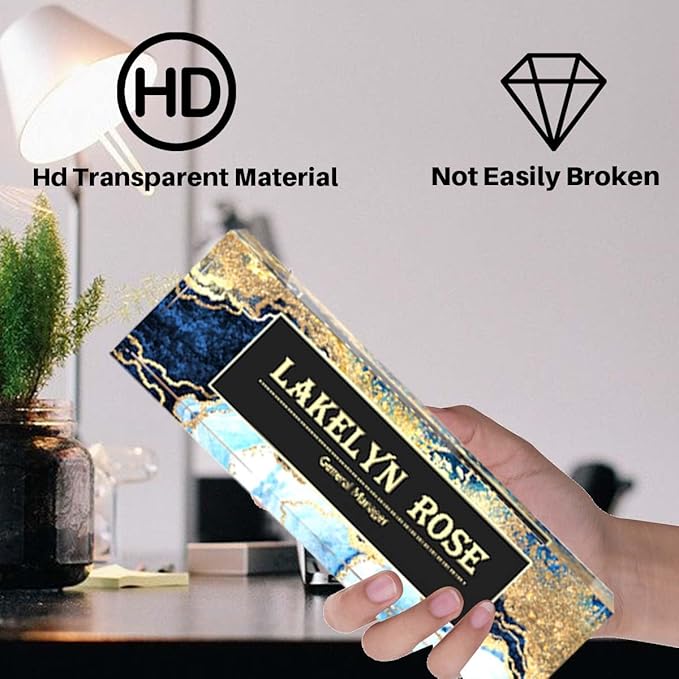 Name Plate for Desk, Custom Art Desk Name Plate, Personalized on Clear Acrylic Glass, Office Desk Decoration and Personalized Office Gifts (Gilded)