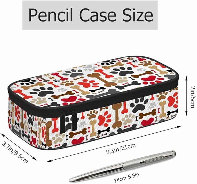 Dog Paws Pencil Case Brown Red Bones Animal Funny Pet Pencil Bag Pouch Box Organizer for College School Students Boy Girl