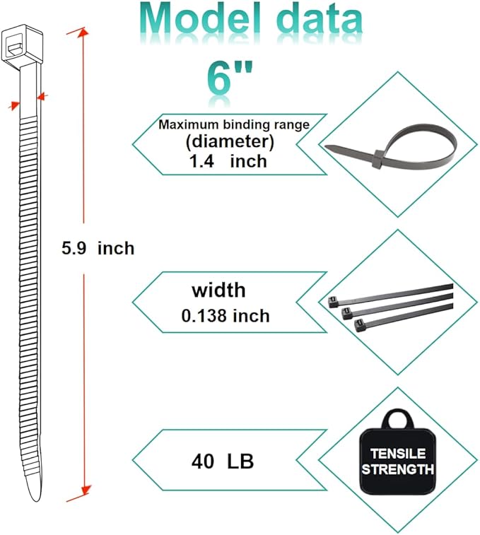 Zip Ties, Cable Ties, 1000Pcs 6Inch 40Lb Tensile Strength Black Premium Self-Locking Nylon Zip Ties For Home Office, Garden, Workshop Fences