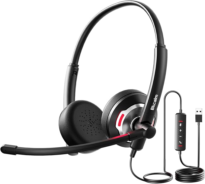 Blucalm Wired Headset with Noise Canceling Mic & in-Line Control, Business Headset with Microphone for PC, USB Computer Headset for Work Call Center, Home Office, Online Classes, Teams, Zoom