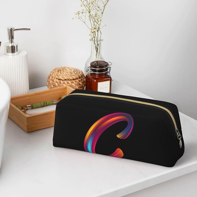 Cute Initial Pencil Case for Kids Simple Leather Pencil Pouch for Boys Girls Letter Design Pencil Box Pen Bag Pencil Pouch Office Stationery Organizer, Rainbow Letter C