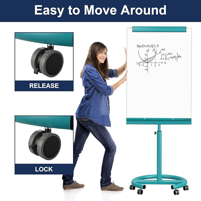 TSJ OFFICE Mobile Whiteboard Magnetic - 40 x 26 Inches Dry Erase Board on Wheel with Stand Flipchart Easel Height Adjustable,Blue