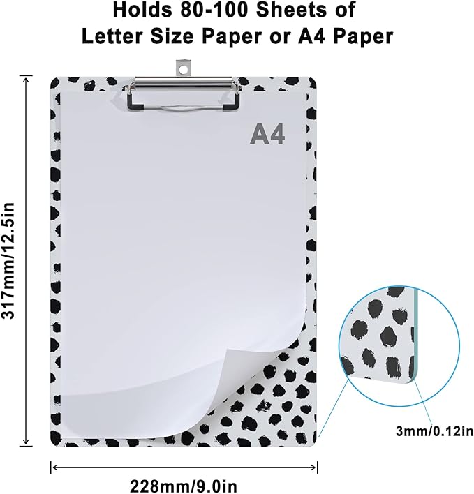 Cute Clipboard Wood Design Decorative A4 Letter Size Clip Boards for Classroom Office, Standard Size 9" x 12.5" with Low Profile Metal Clip - Black Dots