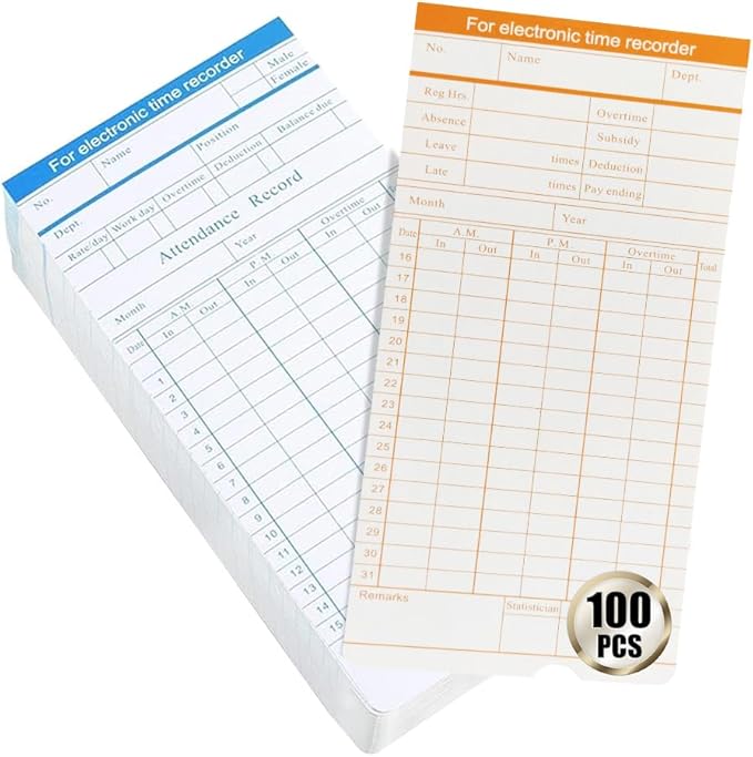 TooCust 100-Piece Time Cards for Employees, Monthly Time Cards 2-Sided, 2-Color Timecards for Time Clocks, Blue/Orange Print, 7-3/8 x 3-3/8 Inch