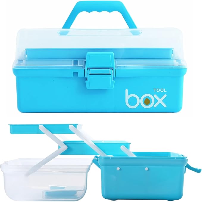 12'' Three-Layer Clear Art Box Organizer, Multipurpose Plastic Craft Box with Handle (Blue)