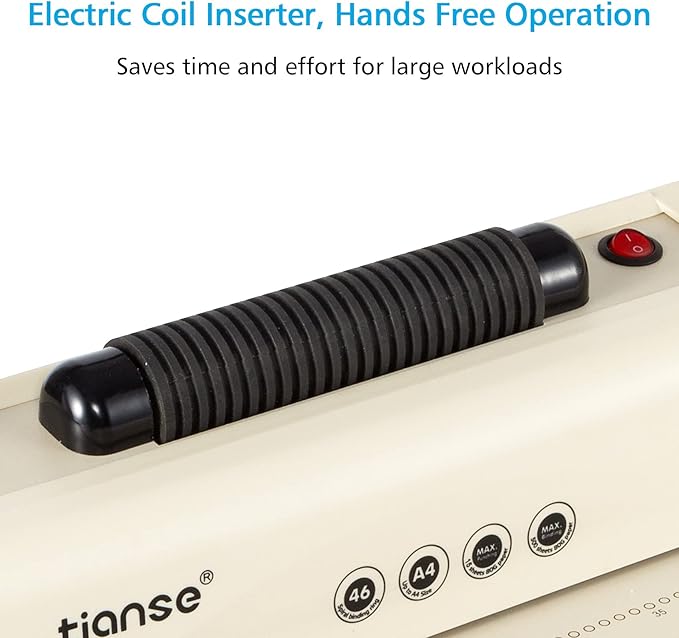 TIANSE Coil Binding Machine, Electric Coil Inserter, Manual Round Hole Punch, 15 Sheets Punch Capacity, Perfect for Letter Size / A4 / A5, Comes with 100pcs 5/16'' Plastic Coil Binding Spines & Plier