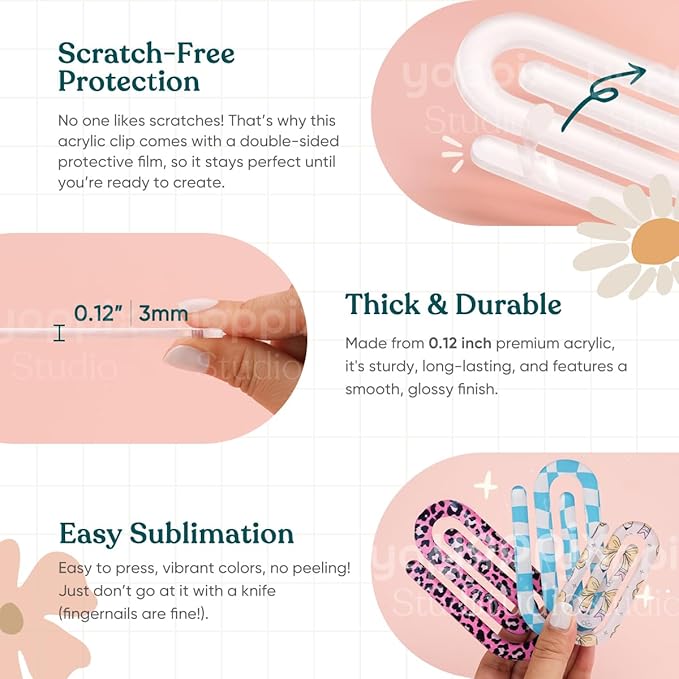 YOPPIX 30 Pack Sublimation Paper Clips Blanks, 20pcs 3.7"x1.9" + 10pcs 3"x1.5" Clear Acrylic Jumbo Clips for Heat Transfer, DIY Crafts, Office School Supplies, Customizable Gift Ideas
