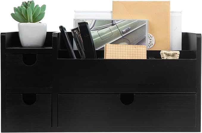 Vintage Black Wooden Desktop Organizer Removable Drawers Office Supplies Wood Storage Cabinet Caddy Box Stationery Pencil Slots Mail Holder Note Pads Accessories Home Makeup Tools Cosmetics