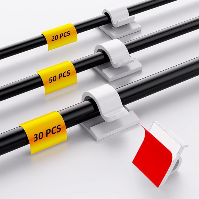 100 PCS White Adhesive Cable Clips Cord Organizer (Small, Medium,Large),Wire Holder for Cable Management, Outdoor Light Clips Light Hooks for LED String,Car Dash Cam, Extension Cord (White)