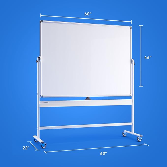 Rolling Dry Erase Board 60 x 46 - Large Portable Magnetic Whiteboard with Stand - Double Sided Easel Style Whiteboard with Wheels - Mobile Standing White Board for Office, Classroom & Home