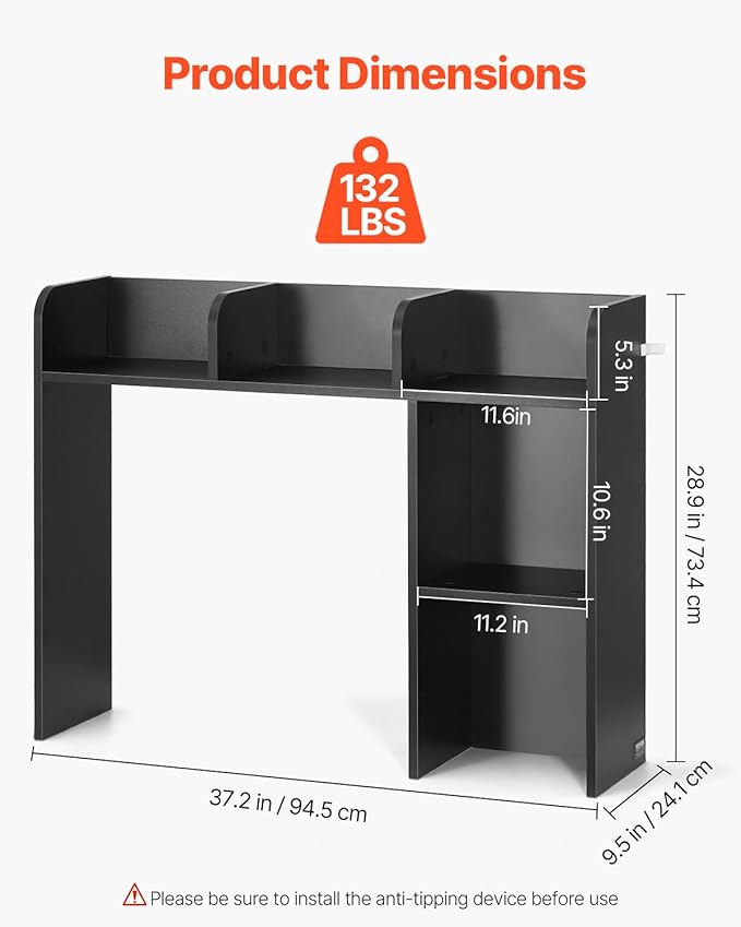 VEVOR Wood Desk Shelf, Desktop Bookshelf, Desk Storage Hutch with 6 Shelves, Office Countertop Organizer 3-Tier Display Rack, with Anti-Slip Feet Pads, for Office, Home & Dorm, Black