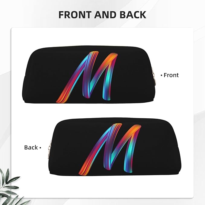 Cute Initial Pencil Case for Kids Simple Leather Pencil Pouch for Boys Girls Letter Design Pencil Box Pen Bag Pencil Pouch Office Stationery Organizer, Rainbow Letter M