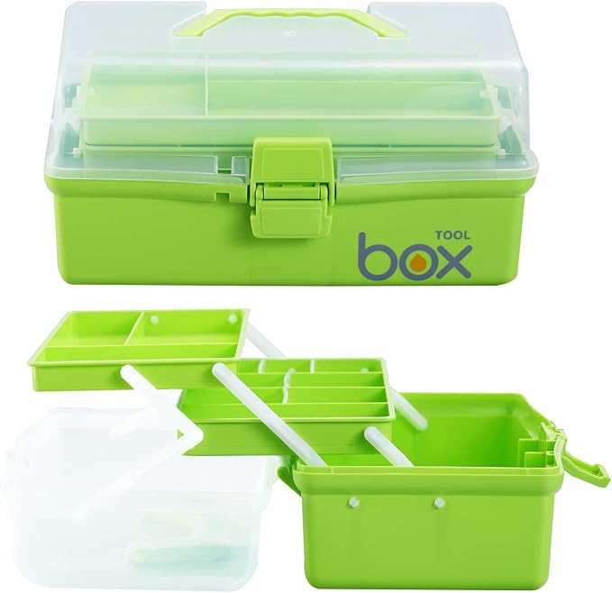 2PCS 12'' Three-Layer Clear Plastic Storage Box/Tool Box, Multipurpose Organizer and Portable Handled Storage Case for Art Craft and Cosmetic (Green)