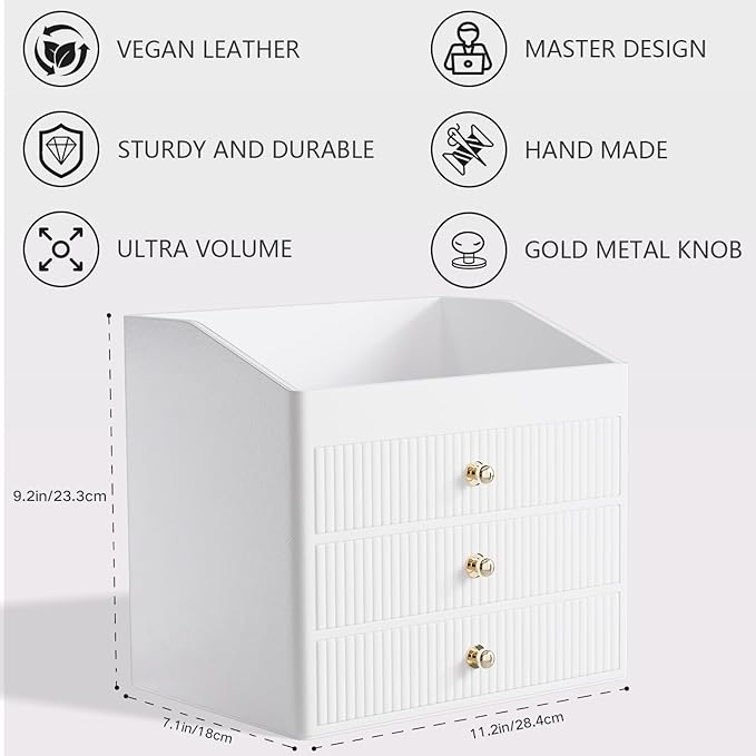 Office Accessories,Begie White Vegan Leather Office Supplies with 3 Drawers & Tray for Desk,Perfume Organizer with Gold-Tone Metal Accents Knob for End Tables,Bedside Table,Bedroom
