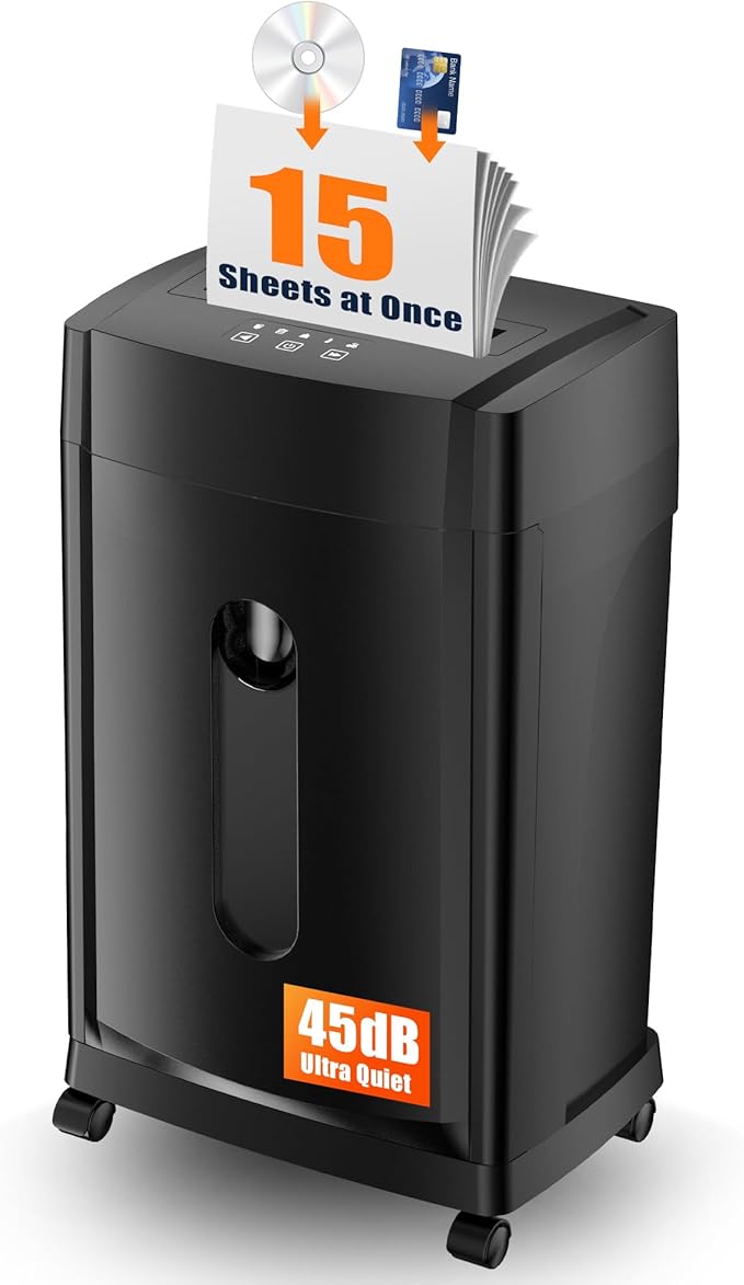 KRT Ultra-Quiet Paper Shredder 38dB,30 Min Run Time,15 Sheet Cross-Cut (4x38mm) for Office/Home,8 Gal Pullout Bin with Casters,Shreds CDs/Credit Cards,Anti-Jam Technology,Black