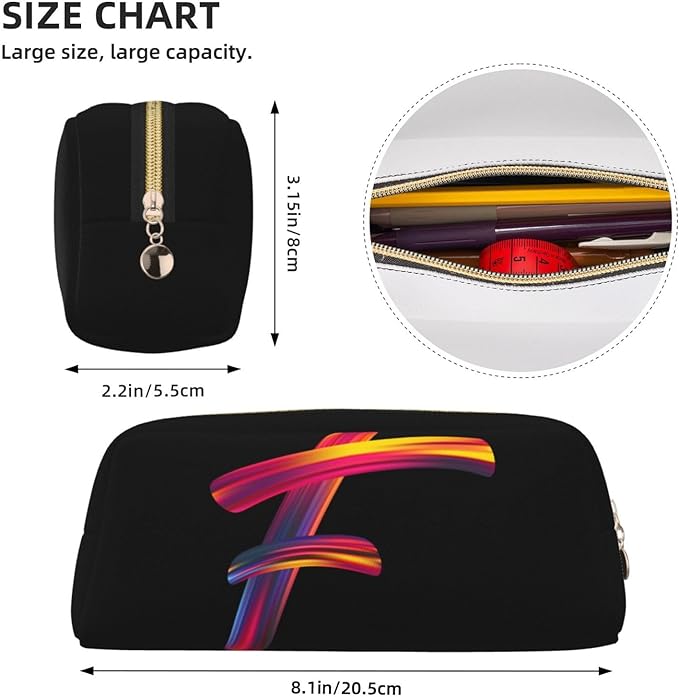 Cute Initial Pencil Case for Kids Simple Leather Pencil Pouch for Boys Girls Letter Design Pencil Box Pen Bag Pencil Pouch Office Stationery Organizer, Rainbow Letter F