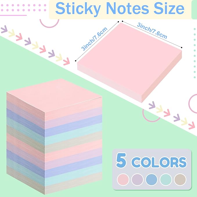 Fainne 120 Pack Sticky Notes Bulk 3 x 3 inch Self Stick Note Pads Multicolor Paper Memo for Office School Supplies Student Teacher Classroom Back to School Essentials, 50 Sheet/Pad(Cute Color)