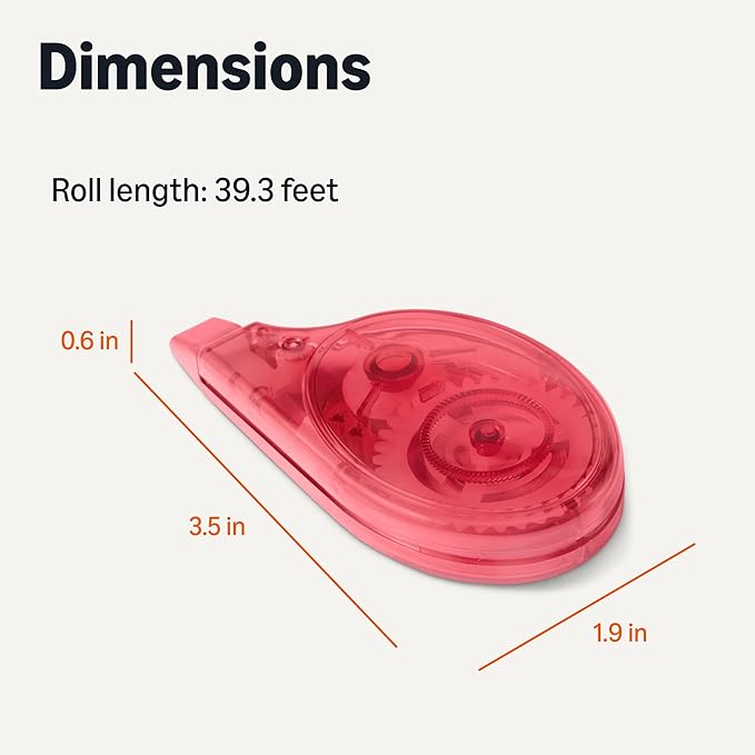 Amazon Basics White Out Correction Tape with Dispenser, 39.3ft, 4-Count Pack, Easy to use, Fast, Clean and Tear-Resistant Tape Office or School Supplies, Green, Orange, Purple, Red, Blue