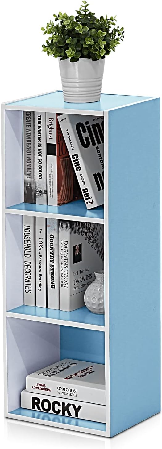 Furinno LUDER Book Shelf, 3-Cube Bookshelf, Bookcase with Open Shelves, 9.3 x 12 x 31.5, for Living Room, Bedroom, Home Office, White/Light Blue