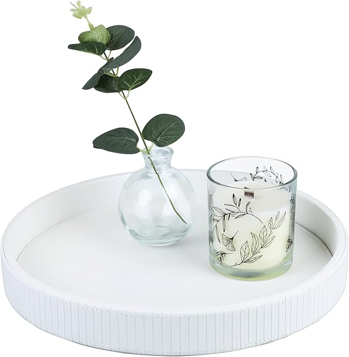 HofferRuffer Round Decorative Tray, Faux Leather Vanity Tray Decor, Decorative Catchall for Perfume, Bathroom Valet, Nightstand or Dresser, 12 x 12 x 1.6 inches (White Stripe)