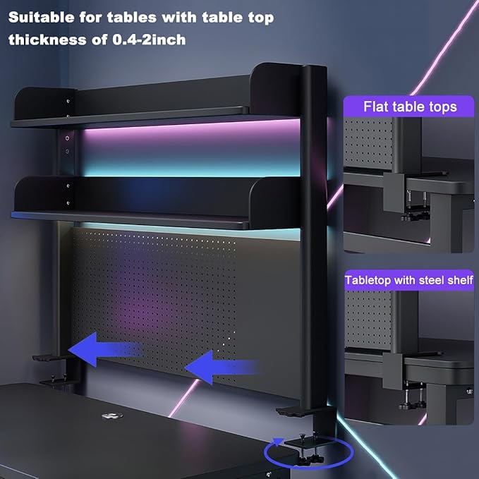 Clamp on Desk Shelf with Pegboard, Black Desktop Organizer Bookshelf Storage Shelves for Home Office Dorm Gaming Desk, Space Saving Tabletop Display Rack Organization, 31.5x37.5in