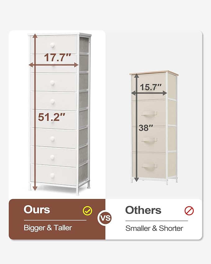 Crestlive Products Tall Dresser, 8-Drawer Fabirc Storage Tower, Chests of Drawers - Vertical Organizer Unit for Bedroom, Hallway, Entryway, Nursery, Closets - Steel Frame, Wood Top & Handles (White)