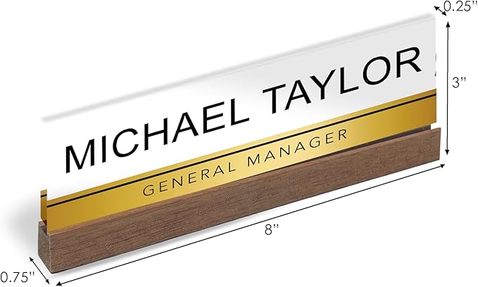 Artblox Personalized Office Desk Name Plate with Business Card Holder | Clear Acrylic Glass with Teak Wood Stand | Gold Stripe Design Customized with Your Name and Credentials Office Desk Décor