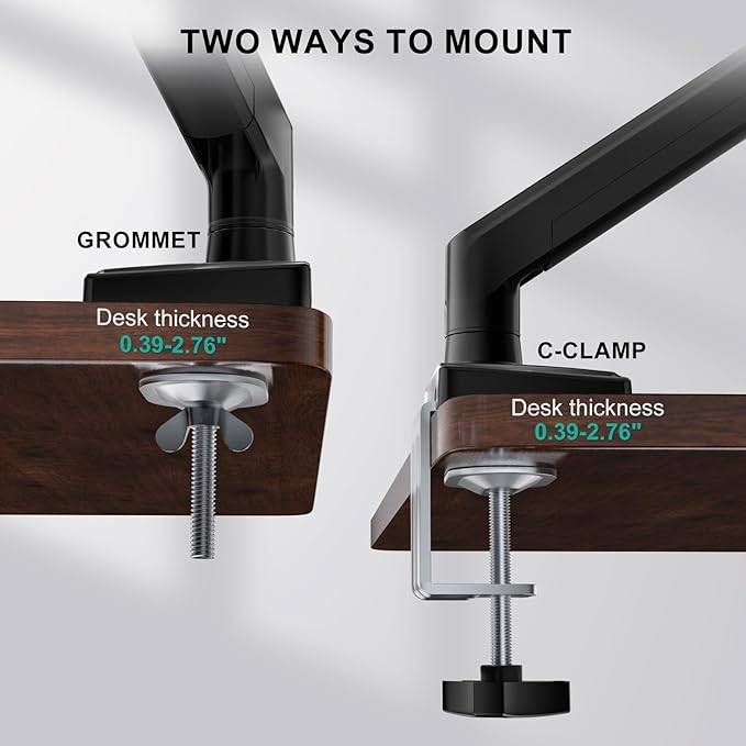 WALI Single Monitor Mount, Gas Spring Monitor Arm for 17-34 inch Screens, Adjustable Computer Monitors Stand up to 26.4lbs, with Clamp and Grommet Base, Mounting Holes 75 and 100mm (GSMP001N), Black