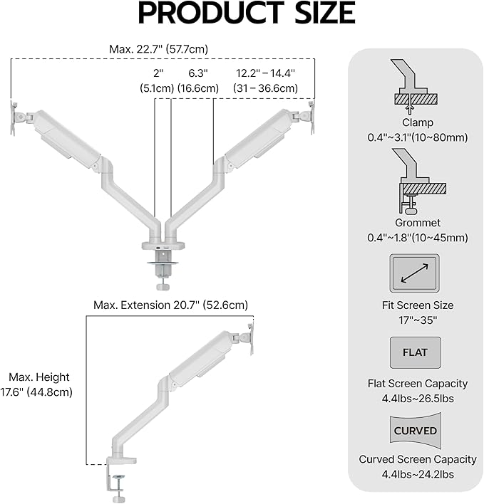 ARES WING Dual Monitor Mount, Heavy Duty Monitor Arms for 2 Monitors for 17-35 Inch, Fully Adjustable Monitor Desk Stand with USB A/C for Ultrawide Screen, VESA 75x75 or 100x100mm, White