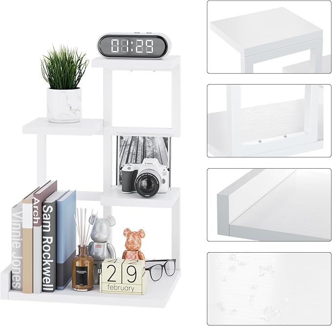 YMYNY Desktop Shelf Organizer, 4 Tier Storage Display Rack, Desk Shelf Organizer Small Bookshelf with Metal Frame for Office, Books, Plants, 12.2" x 9.45" x 17.52", White UHSR007W