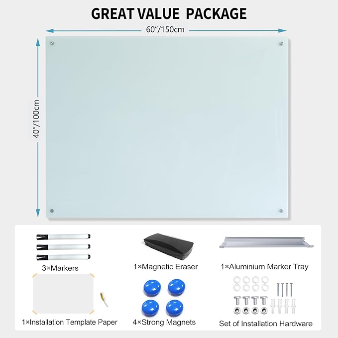 Magnetic Glass Dry Erase White Board Whiteboard Glass Writeboard 40"x60" Tempered Glass Dry Erase Board Wall Mounted Frameless Writing GlassBoard for Office School Home (White)