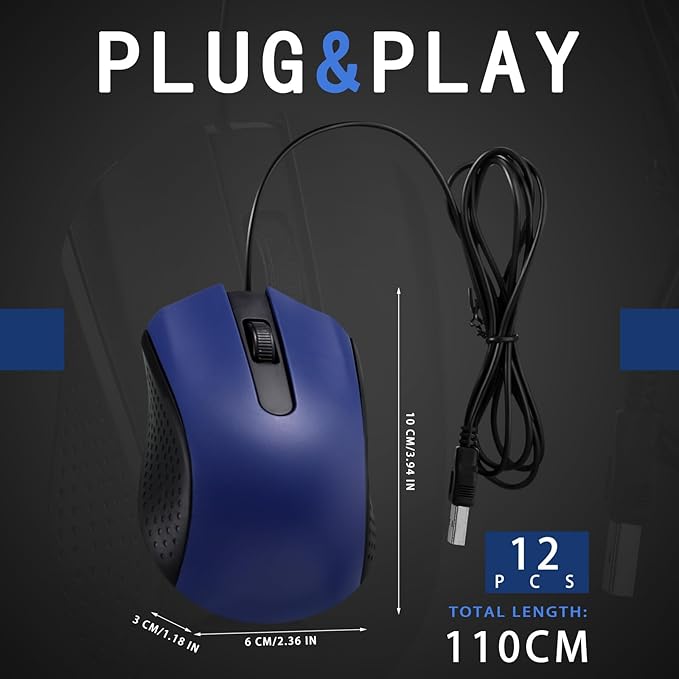 Hoteam 12 Pcs Blue Wired Computer Mouse Bulk Cord USB Computer Mice Ergonomic Wired Mouse for Pcs, Computers, Laptops, Gaming Office Home Supplies