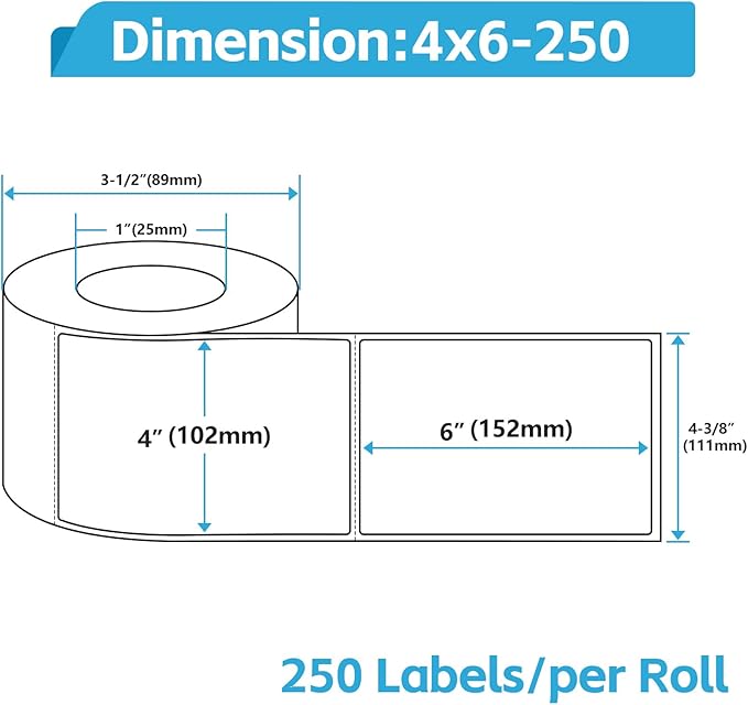 NineLeaf 4 Rolls 4"x 6" Direct Thermal Printing Blank Paper Shipping Labels Compatible for Zebra TLP-2844 ZP-450 GK420T GX420T GX430T GK420D GC420D GC420T Label Printer (250 Labels per roll)
