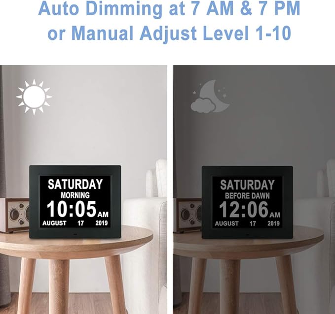 Aowasi Digital Clock Large Display with Date and Day of Week, 8 Alarm Options, Extra Large Digital Clock with Non-Abbreviated Day & Month Alarm Clocks for Seniors Dementia(Black)