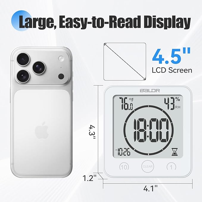 Baldr Shower Clock Waterproof Bathroom Clock with Timer/Temperature/Humidity, Digital Timers for Kids and Adults, Bath Kitchen Study, White
